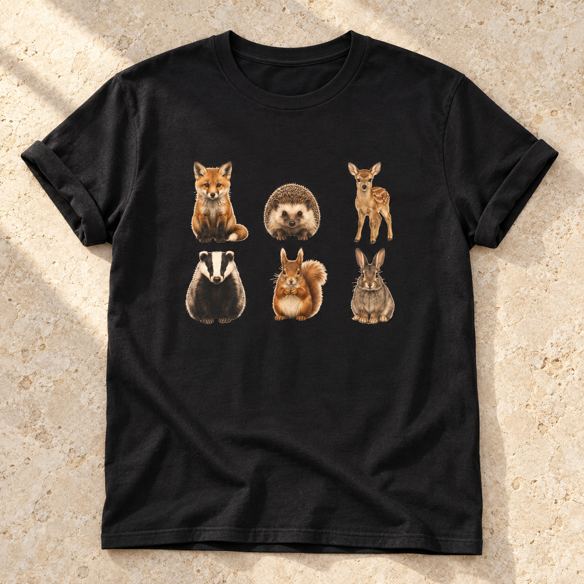 Kleine Waldtiere – Unisex Natur-T-Shirt in Black – natürliches Flatlay mit aufgekrempelten Ärmeln