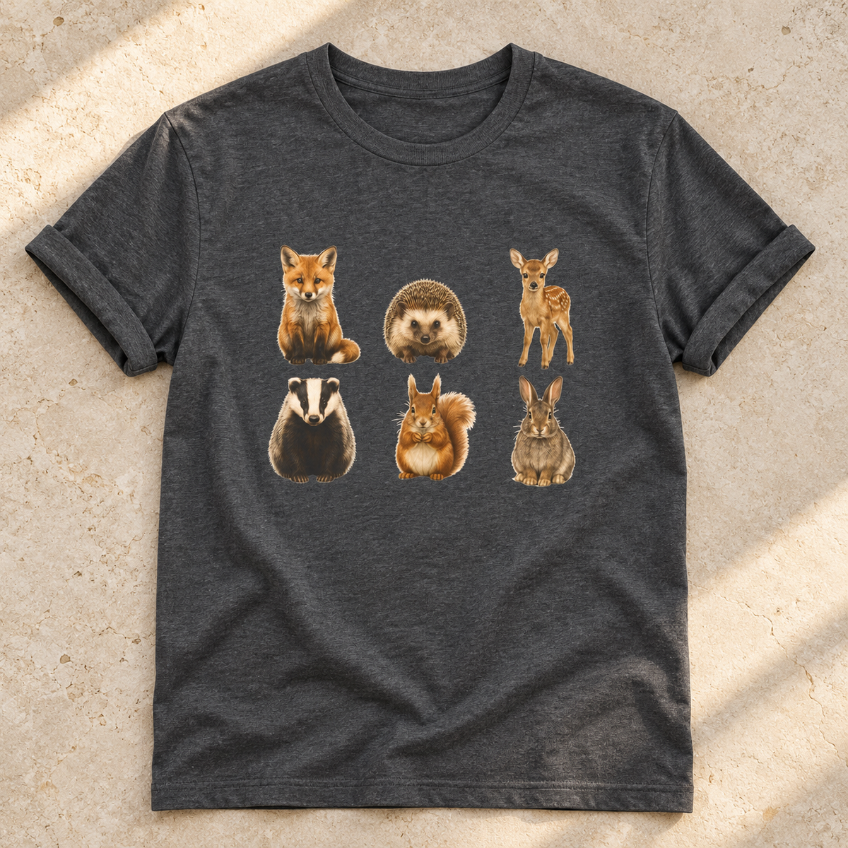 Kleine Waldtiere – Unisex Natur-T-Shirt in Dark Heather – natürliches Flatlay mit aufgekrempelten Ärmeln