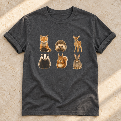 Kleine Waldtiere – Unisex Natur-T-Shirt in Dark Heather – natürliches Flatlay mit aufgekrempelten Ärmeln