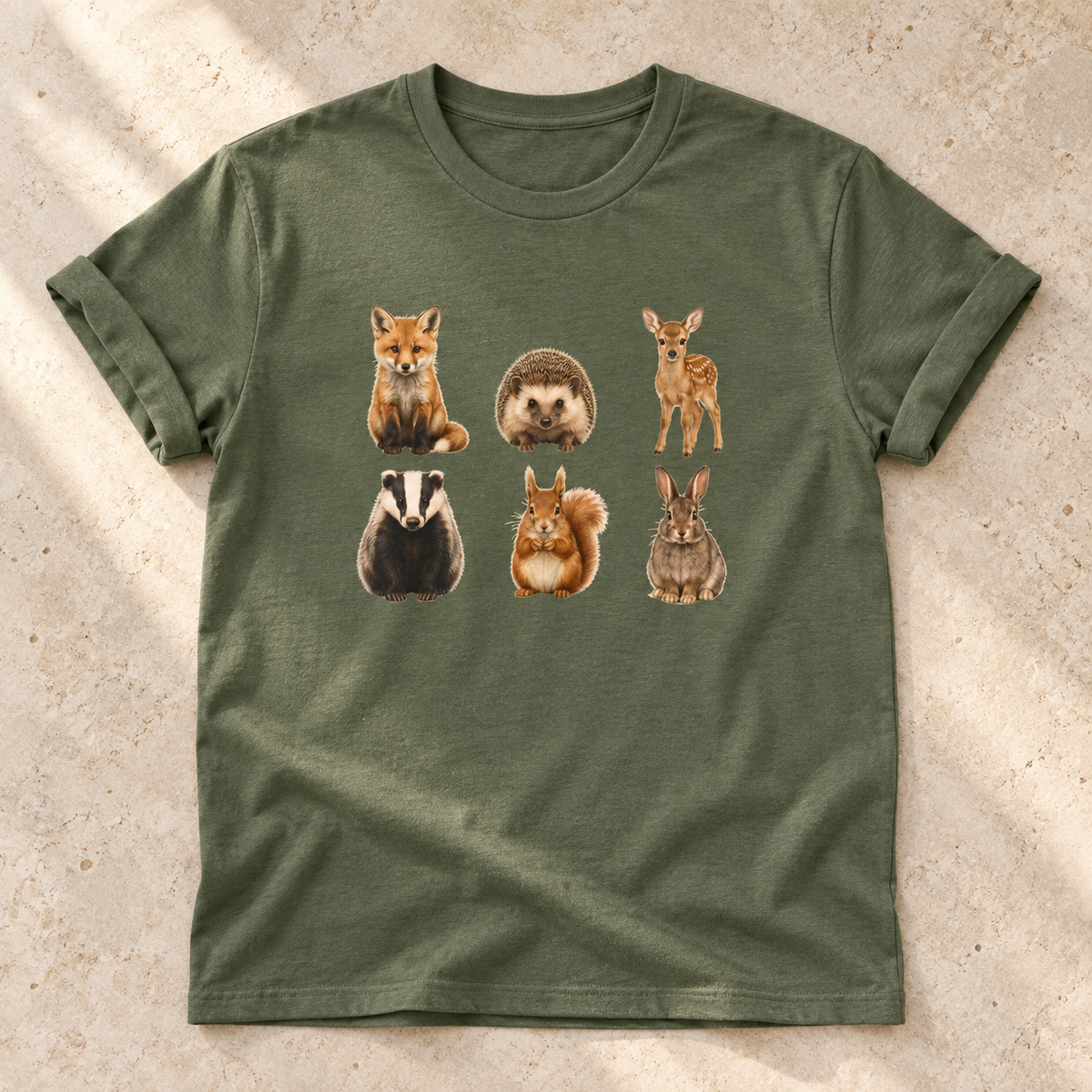 Kleine Waldtiere – Unisex Natur-T-Shirt in Military Green – natürliches Flatlay mit aufgekrempelten Ärmeln