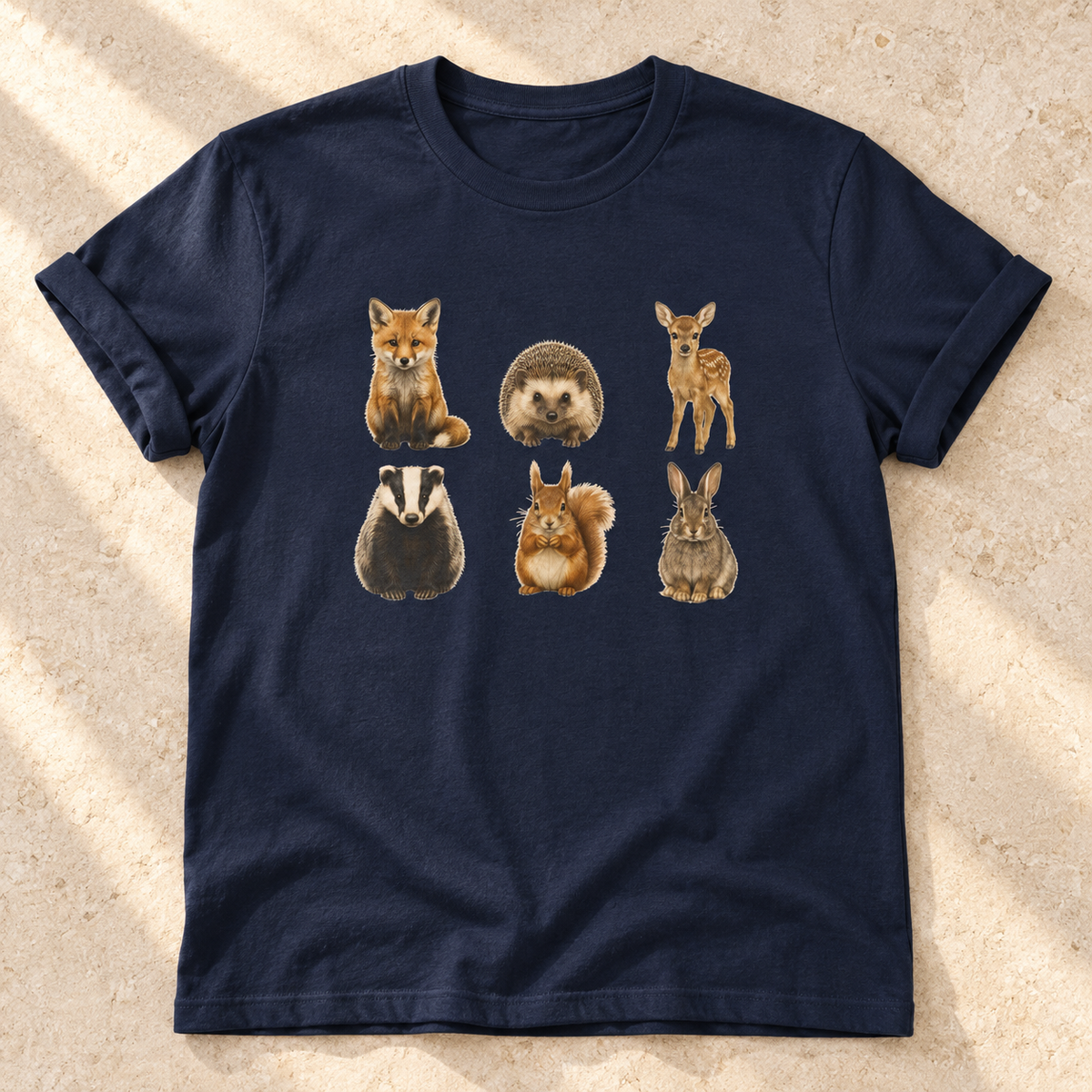 Kleine Waldtiere – Unisex Natur-T-Shirt in Navy – natürliches Flatlay mit aufgekrempelten Ärmeln