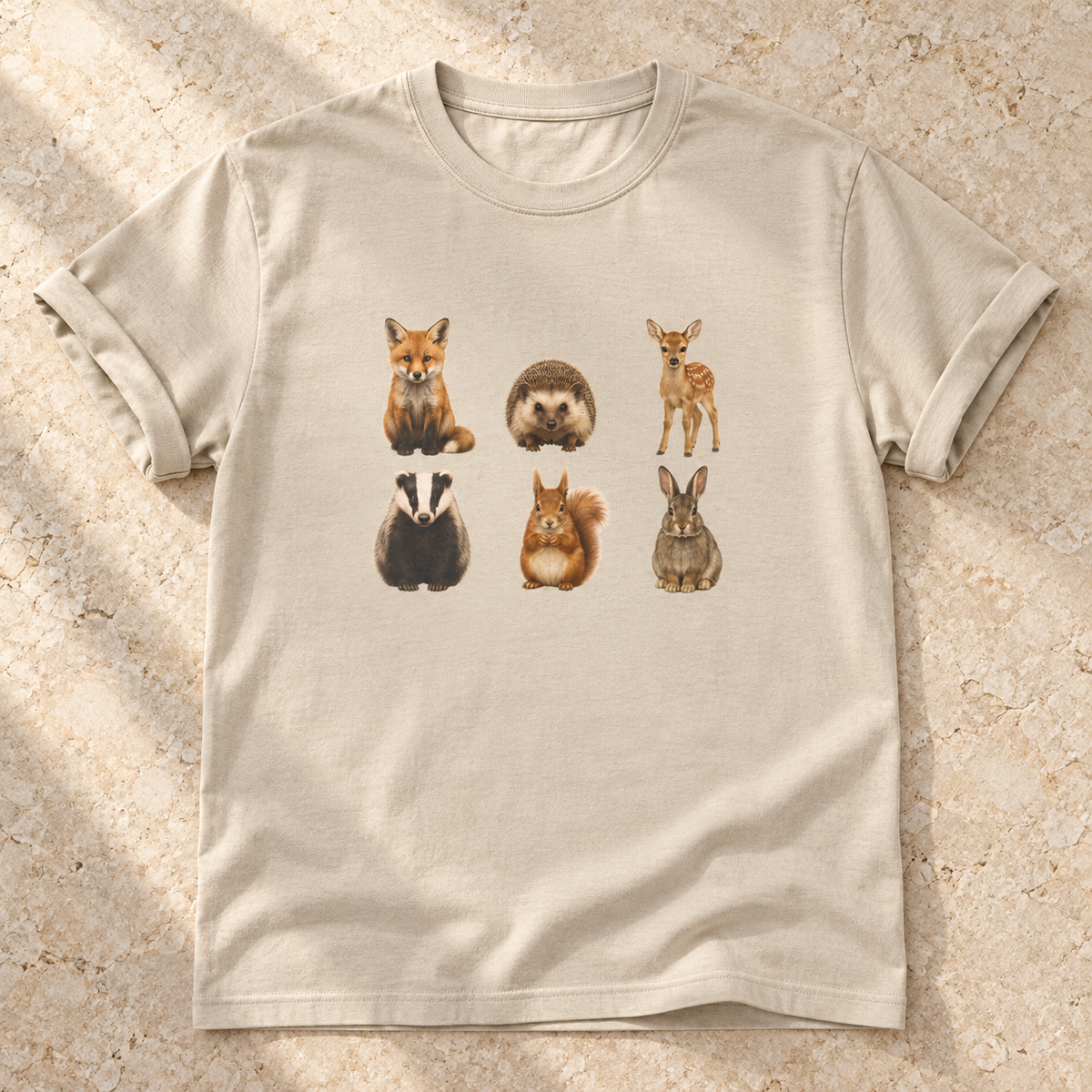 Kleine Waldtiere – Unisex Natur-T-Shirt in Sand – natürliches Flatlay mit aufgekrempelten Ärmeln