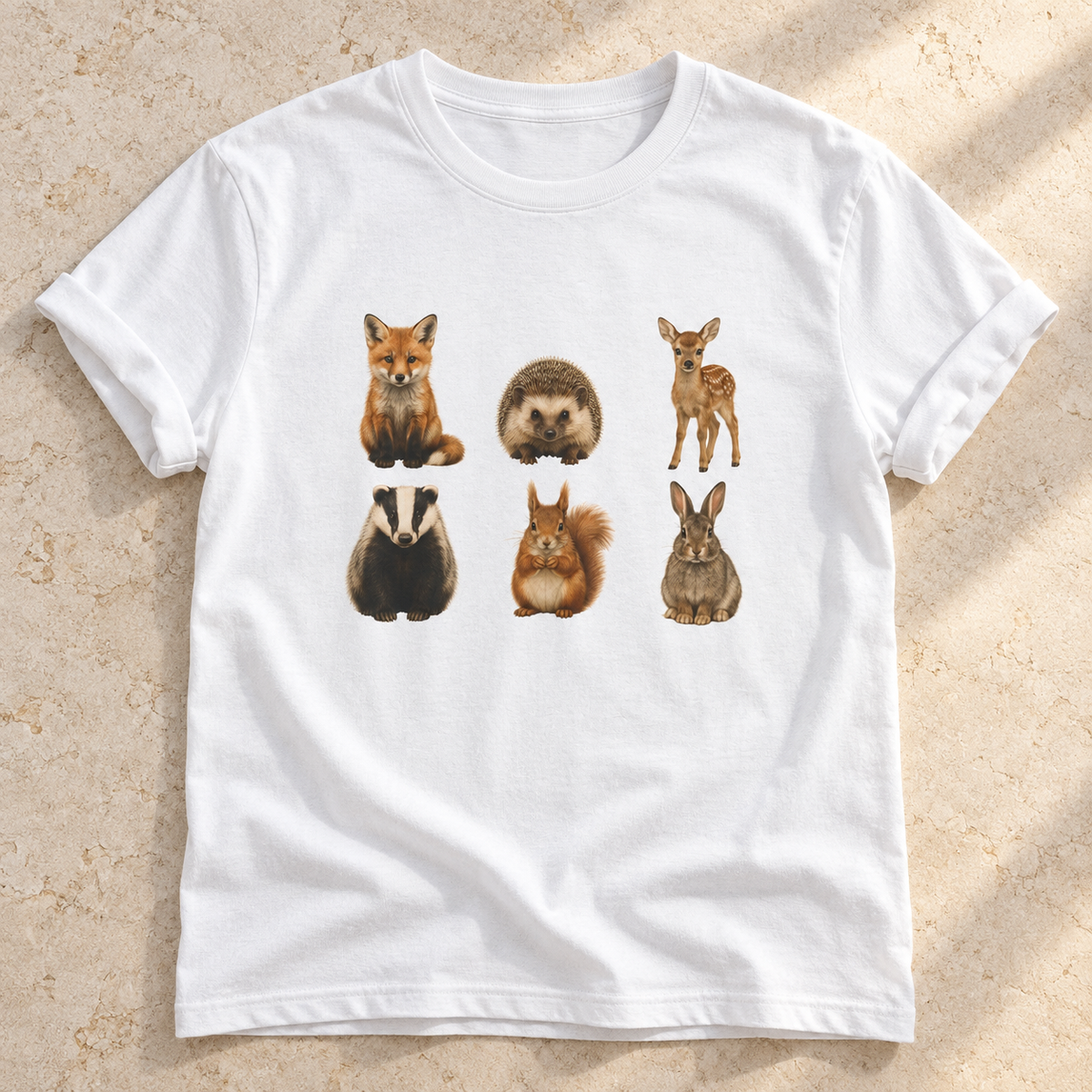 Kleine Waldtiere – Unisex Natur-T-Shirt in White – natürliches Flatlay mit aufgekrempelten Ärmeln