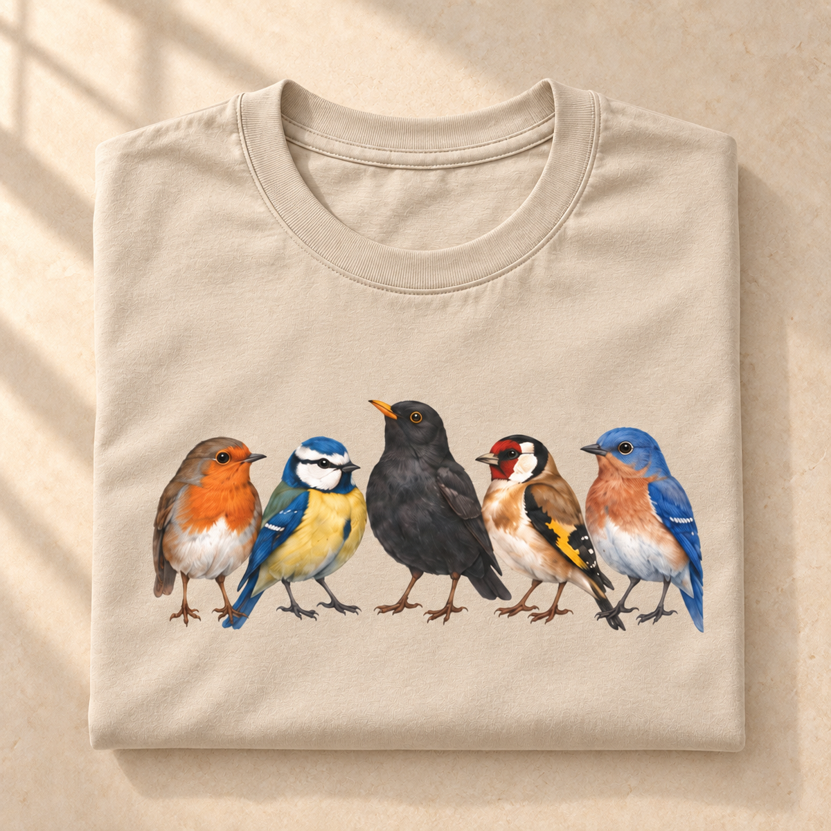 Bunte Vogelschar – Unisex Vogel-T-Shirt in Sand – gefaltete Detailaufnahme
