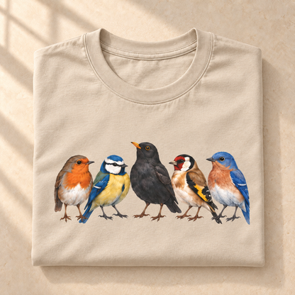 Bunte Vogelschar – Unisex Vogel-T-Shirt in Sand – gefaltete Detailaufnahme