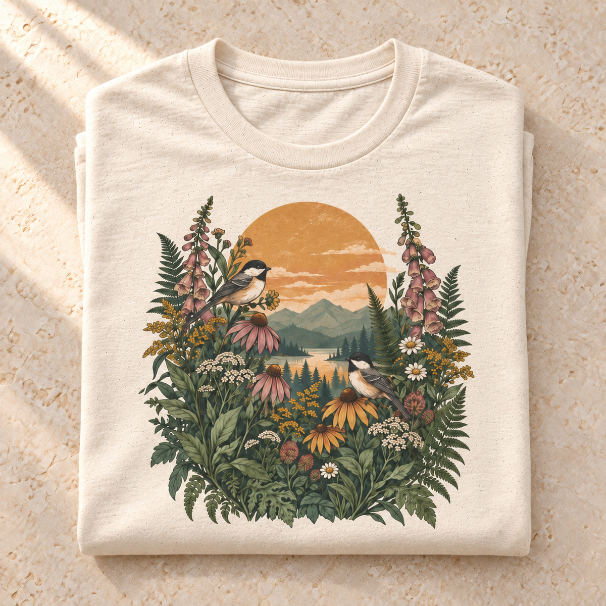 Wildblumen im Abendlicht – Unisex Natur-T-Shirt in Natural – gefaltete Detailaufnahme