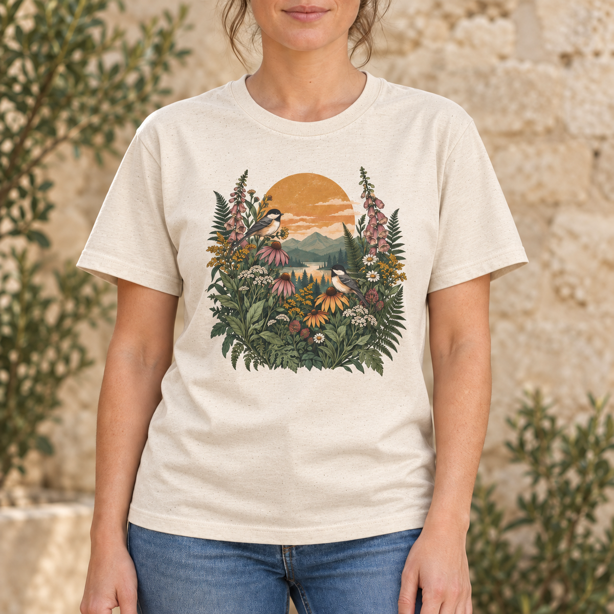 Wildblumen im Abendlicht – Unisex Natur-T-Shirt in Natural – Tragemockup