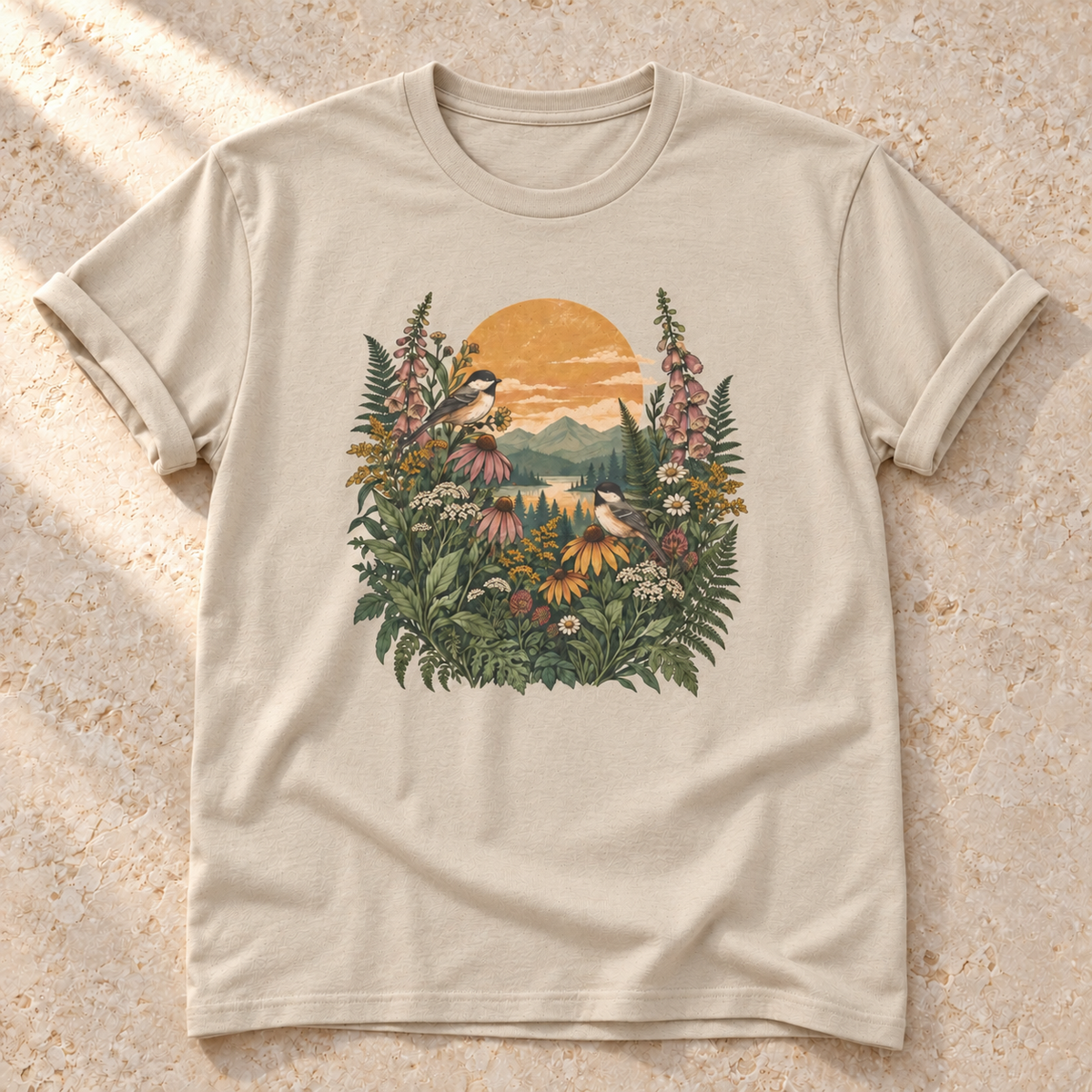 Wildblumen im Abendlicht – Unisex Natur-T-Shirt in Sand