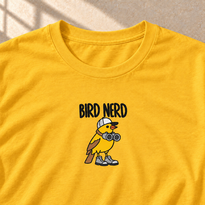 Bird Nerd – T-Shirt für Vogelfans, Gold, Motiv und Stoff im Detail | color:gold