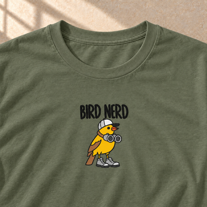 Bird Nerd – T-Shirt für Vogelfans, Olivgrün, Motiv und Stoff im Detail | color:military green