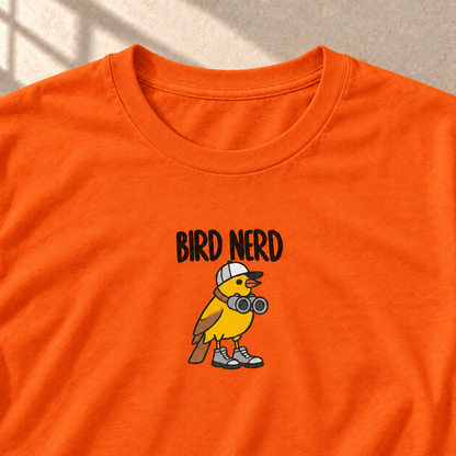 Bird Nerd – T-Shirt für Vogelfans, Orange, Motiv und Stoff im Detail | color:orange