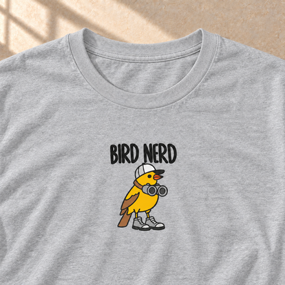 Bird Nerd – T-Shirt für Vogelfans, Sportgrau meliert, Motiv und Stoff im Detail | color:sport grey
