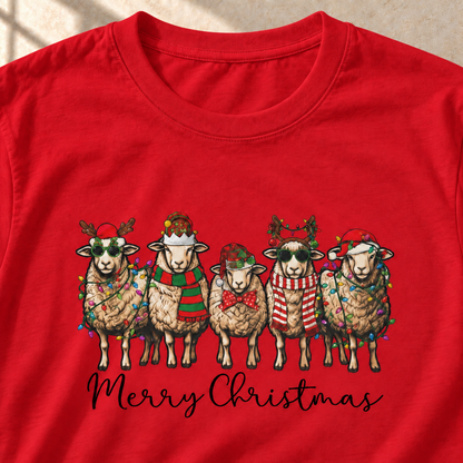 Merry Christmas Schafe – Weihnachts-T-Shirt, Rot, Motiv und Stoff im Detail | color:red