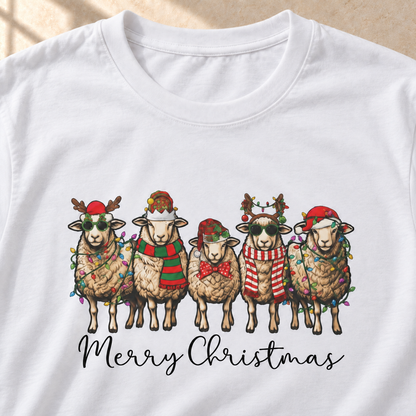 Merry Christmas Schafe – Weihnachts-T-Shirt, Weiß, Motiv und Stoff im Detail | color:white
