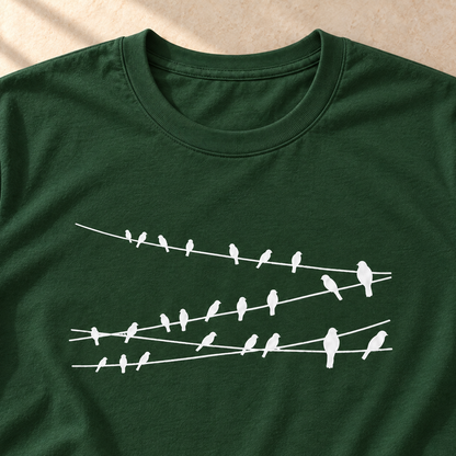 Vögel auf Drähten – Vogel-T-Shirt in Waldgrün – Motivdetail | color:forest green