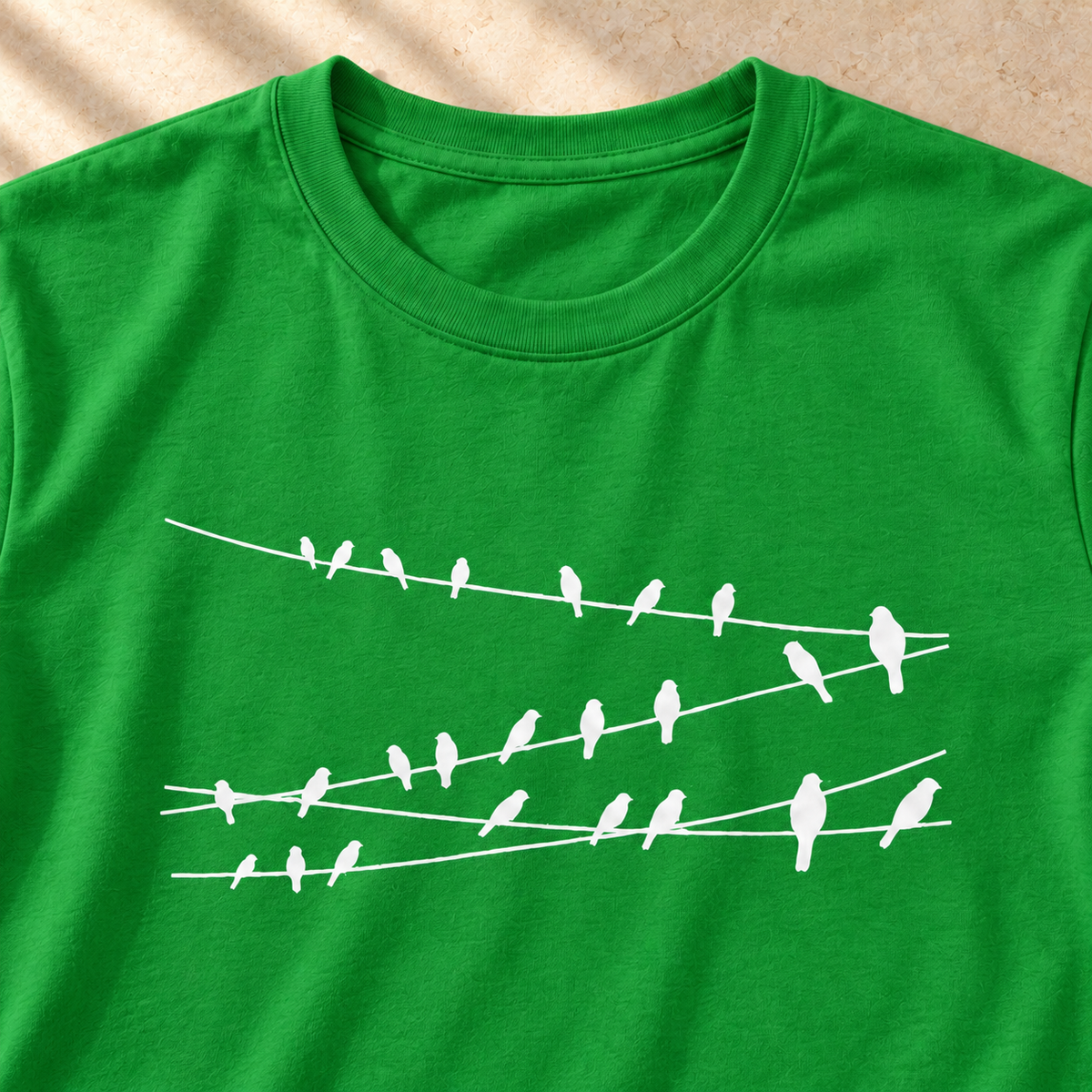 Vögel auf Drähten – Vogel-T-Shirt in Grün – Motivdetail | color:irish green