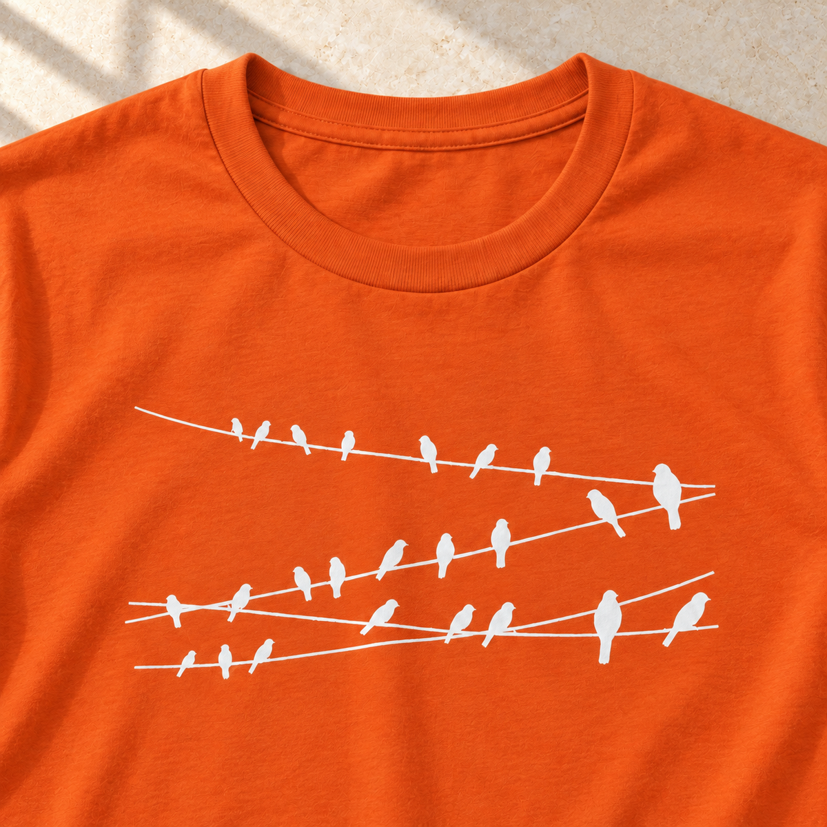 Vögel auf Drähten – Vogel-T-Shirt in Orange – Motivdetail | color:orange
