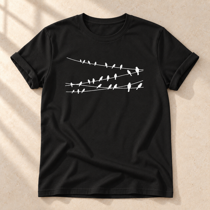 Vögel auf Drähten – Vogel-T-Shirt in Schwarz – Vorderansicht als Mockup | color:black