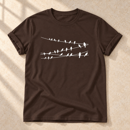Vögel auf Drähten – Vogel-T-Shirt in Dunkelbraun – Vorderansicht als Mockup | color:dark chocolate