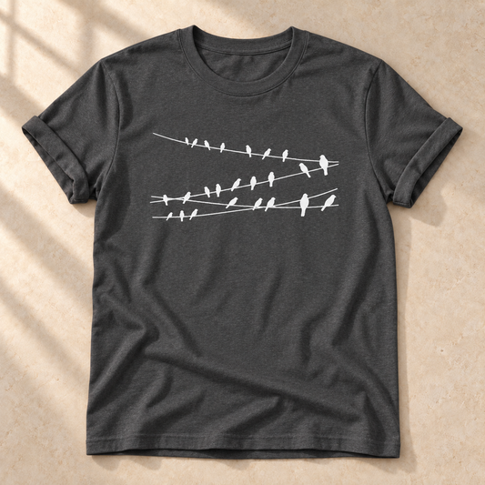 Vögel auf Drähten – Vogel-T-Shirt in Dunkelgrau meliert – Vorderansicht als Mockup | color:dark heather