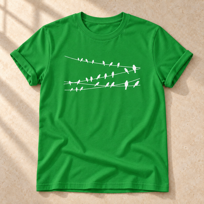 Vögel auf Drähten – Vogel-T-Shirt in Grün – Vorderansicht als Mockup | color:irish green
