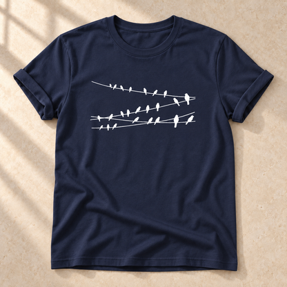 Vögel auf Drähten – Vogel-T-Shirt in Marineblau – Vorderansicht als Mockup | color:navy